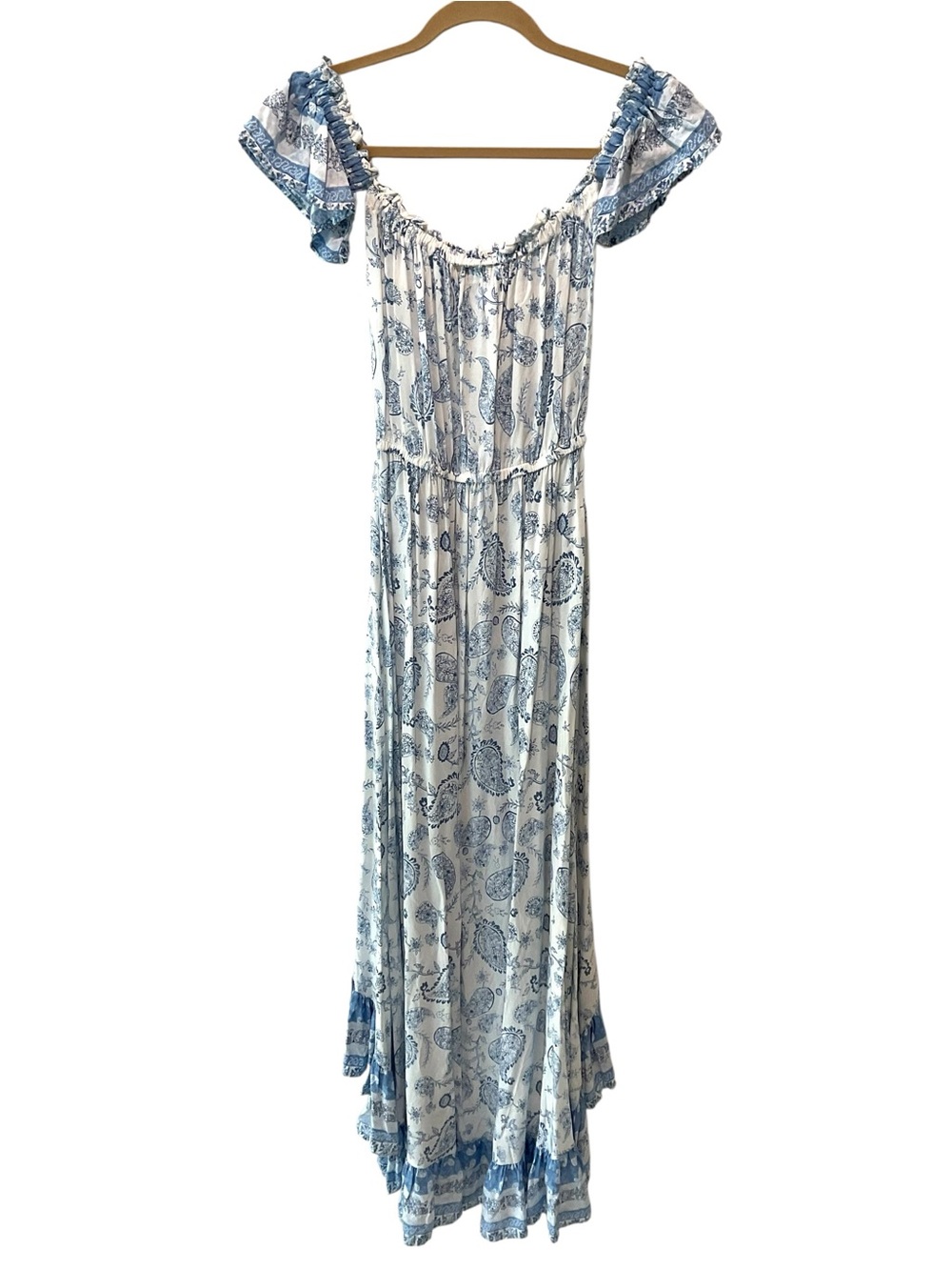 Boho Hi Low Maxi Dress Blue White Floral Ruffle Small Cottagecore - Picture 4 of 9